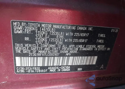 2020 Toyota Rav4 Le from USA, damaged, VIN 2T3G1RFV7LC092907